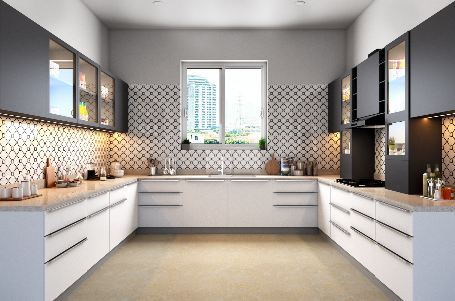 Sleek modular kitchen with contemporary cabinets and tile backsplash, showcasing urban style.