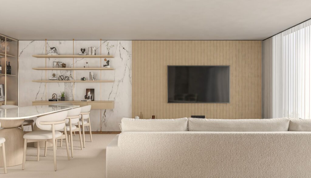 A sleek and contemporary living room with minimalist furnishings and decor.