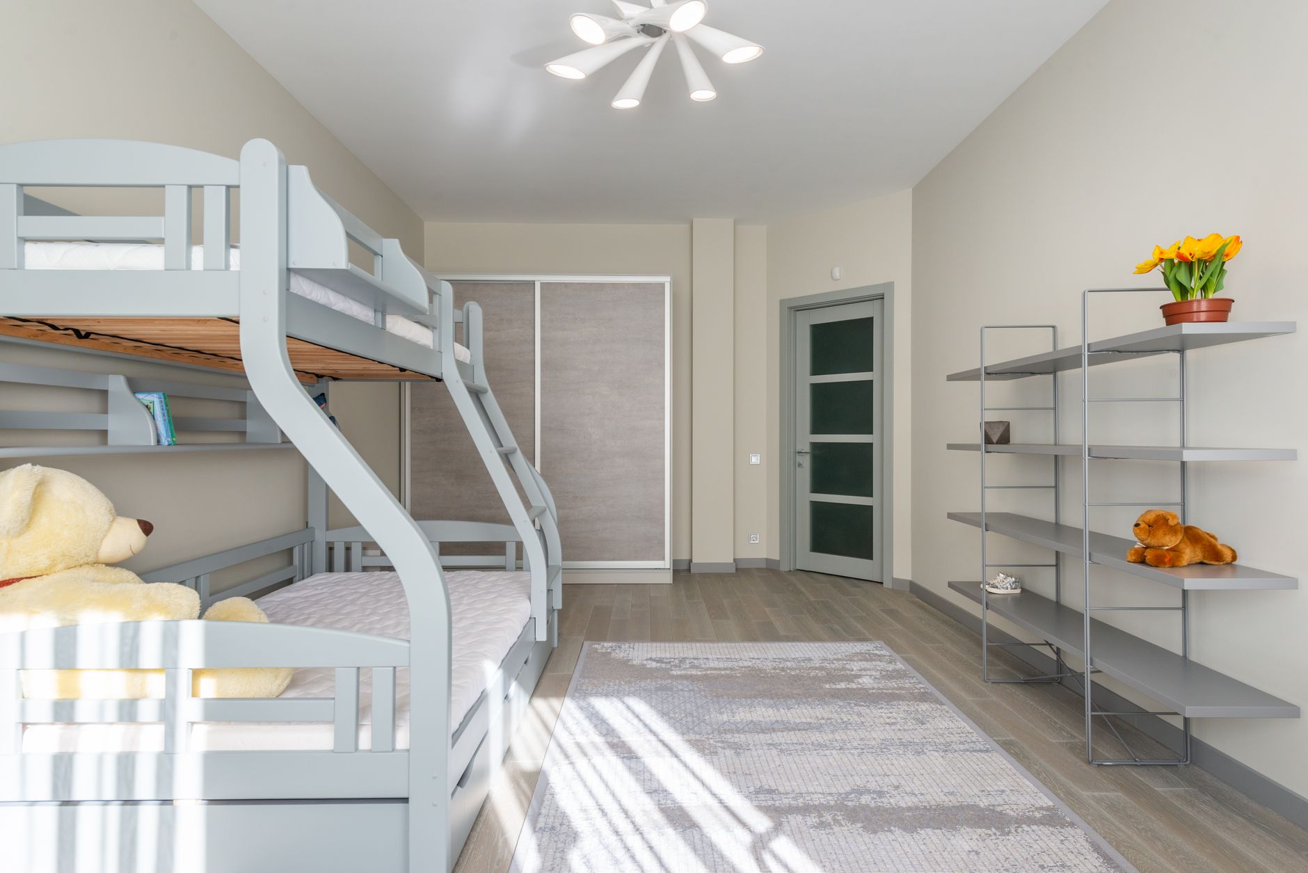 Bunk bed with bear toy placed near shelves with flowerpots in modern bedroom with bright sunlight and wardrobe with door